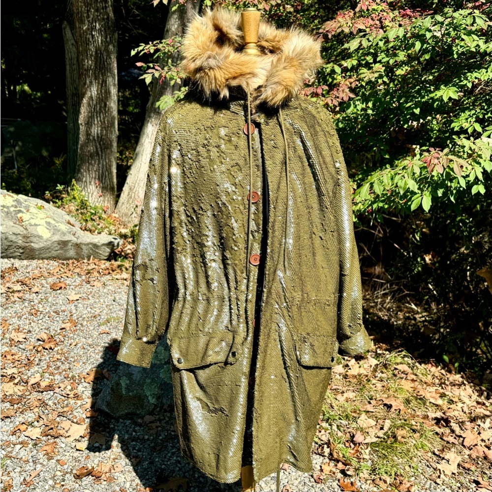 Ashish Olive Sequin Parka w Leopard Fur like featured in Ab Fab